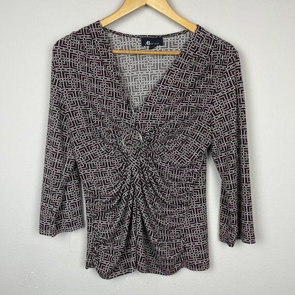 AB Studio Y2K Geometric Print Top Size L Brown 3/4 Sleeve Stretch Made in USA - Picture 1 of 6